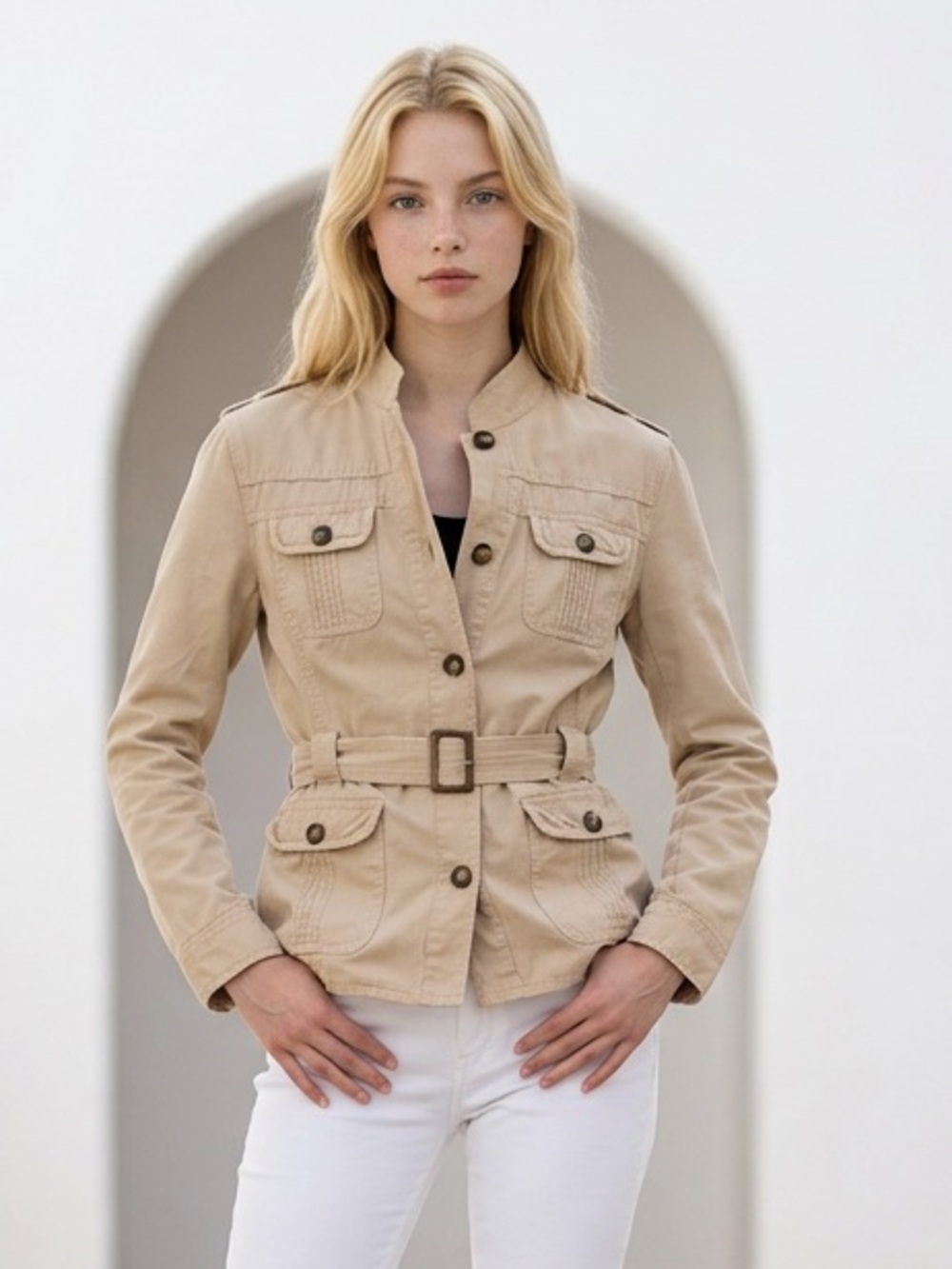 Women's Neutral Utility Belted Jacket - Cream-Size L